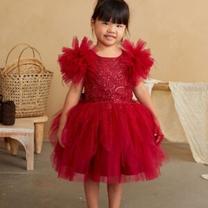 Tip Top Children's Party Dress in Bright Red with Tulle and Sequins