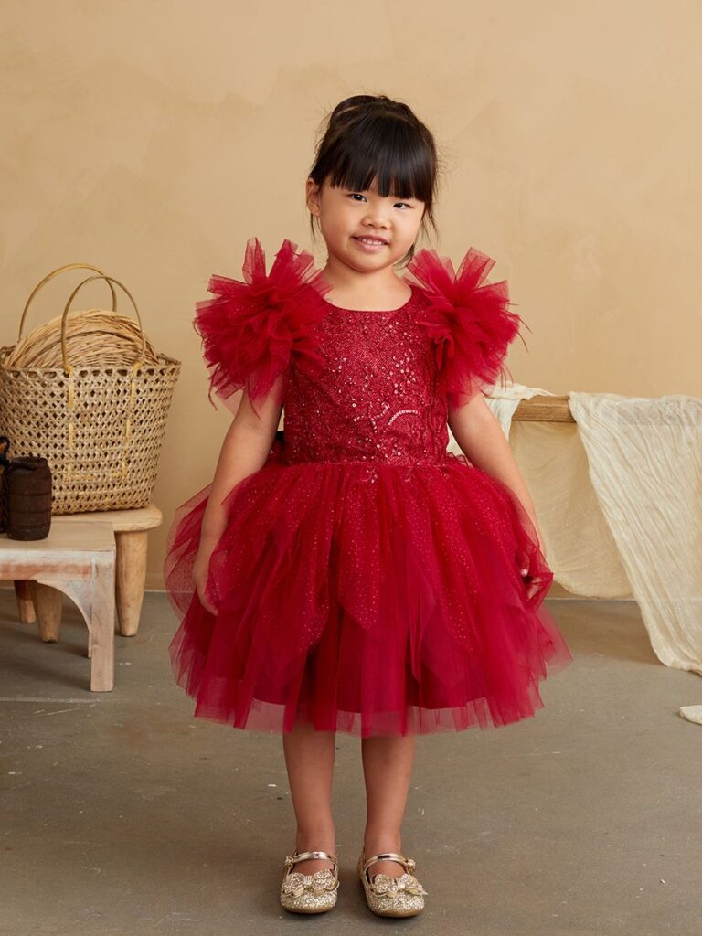 Tip Top Children's Party Dress in Bright Red with Tulle and Sequins
