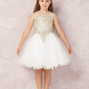 Tip Top Short Children's Dress in White and Gold with Tulle