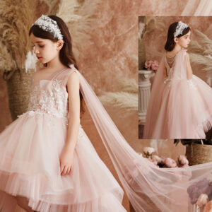 Princess Daliana party dress in dark pink with lace and tulle cape