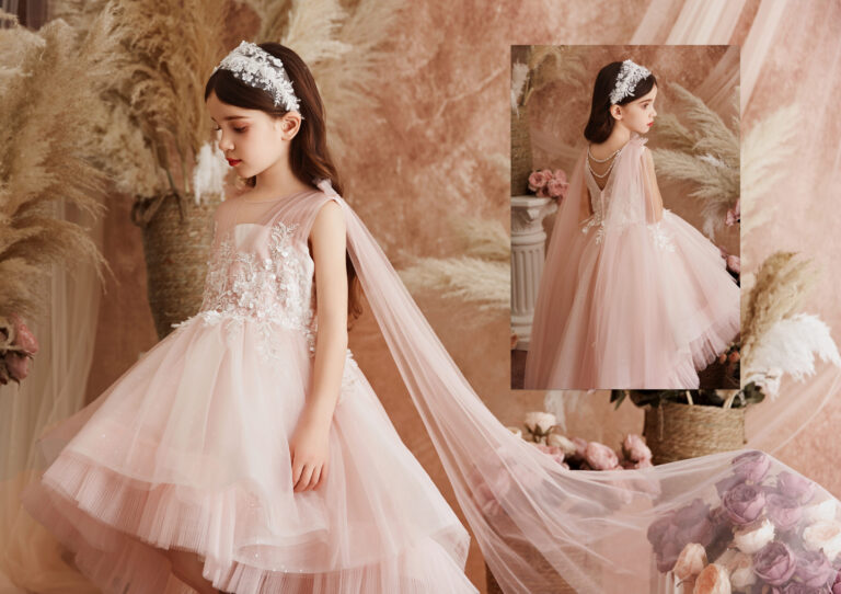 Princess Daliana party dress in dark pink with lace and tulle cape