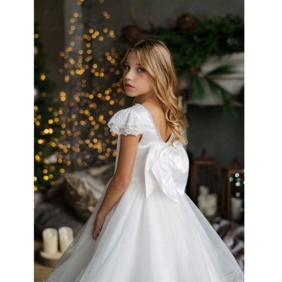 Alice - Girl's Communion Off White Satin Horsehair Tulle Dress.