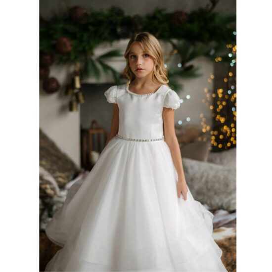 Alice - Girl's Communion Off White Satin Horsehair Tulle Dress.