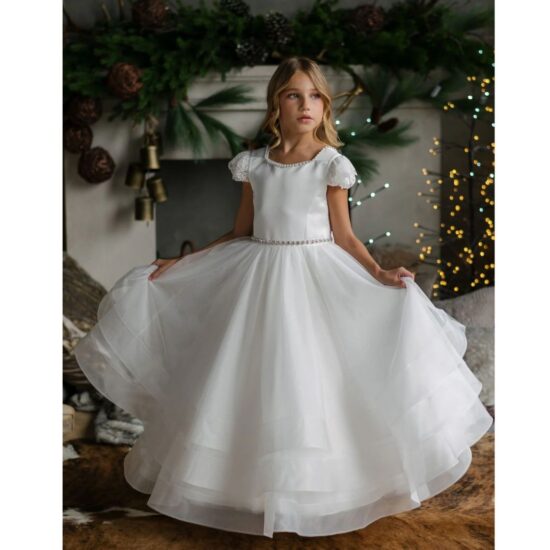Alice - Girl's Communion Off White Satin Horsehair Tulle Dress.