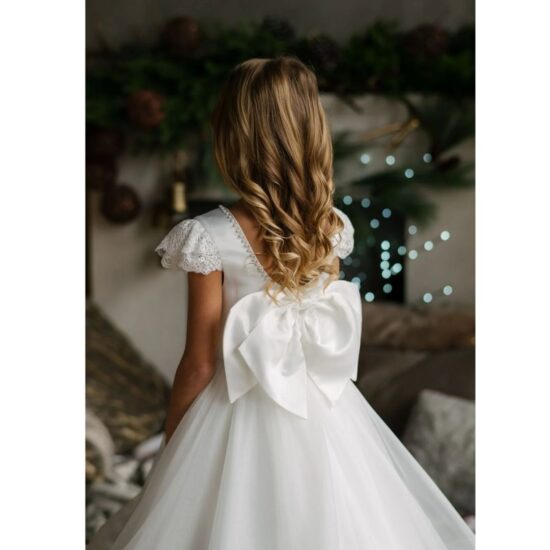 Alice - Girl's Communion Off White Satin Horsehair Tulle Dress.