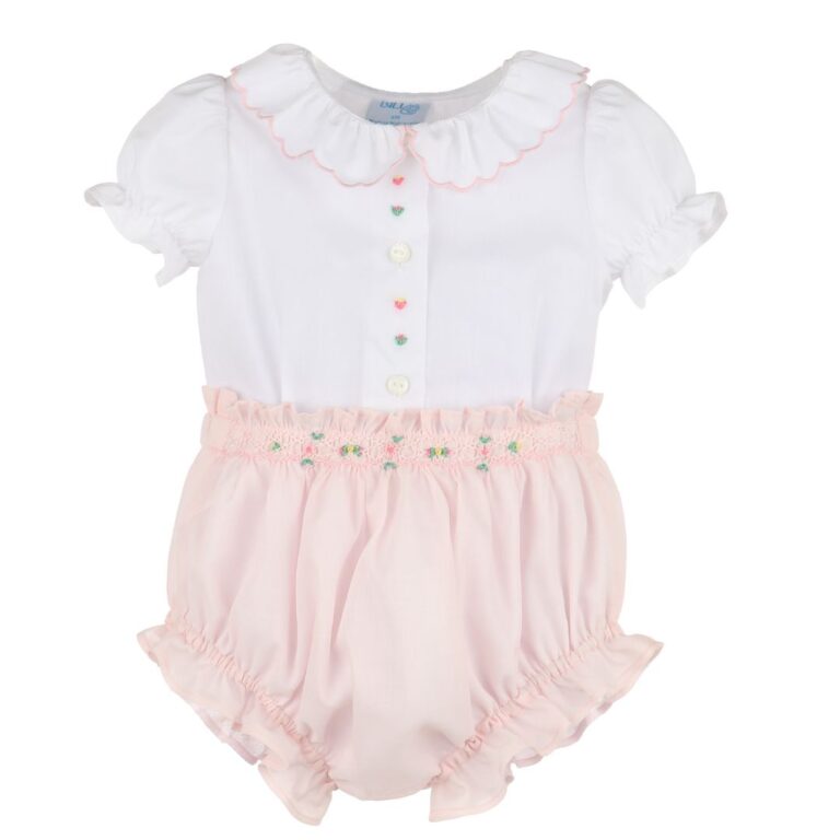 Luli & Me - White and Pink Baby Set with Smock Embroidery