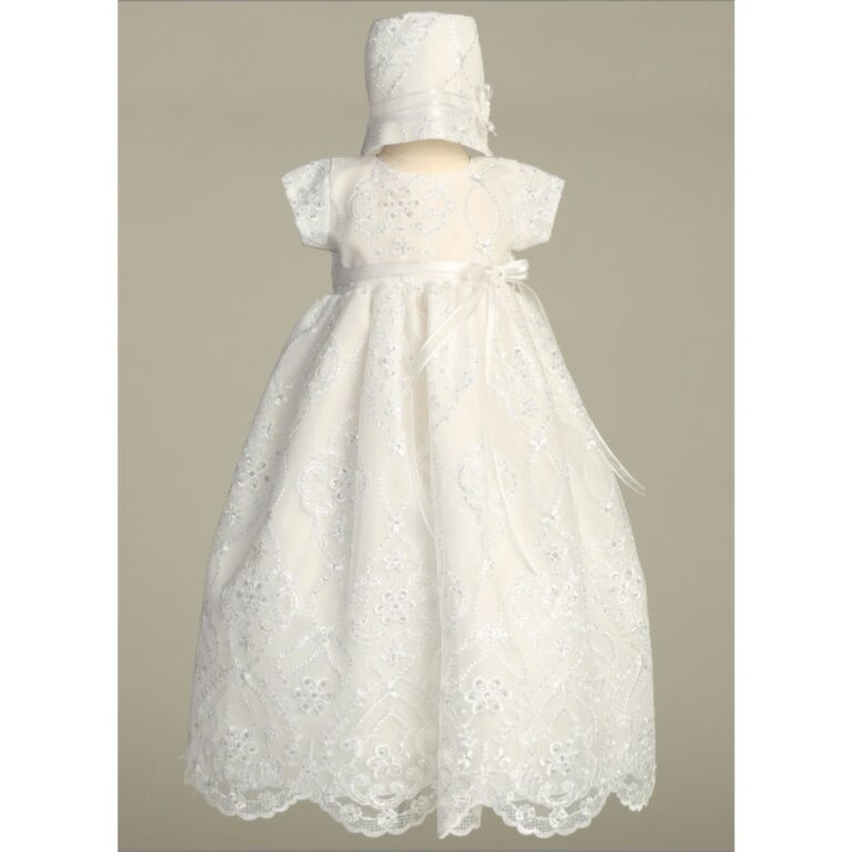 Lito - Baby Christening Dress with Lace and Matching Hat