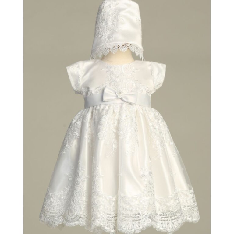 Lito - Satin Lace Christening Dress with Bonnet