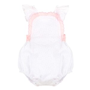Sophie and Lucas Embroidered Romper with Pink Ruffles