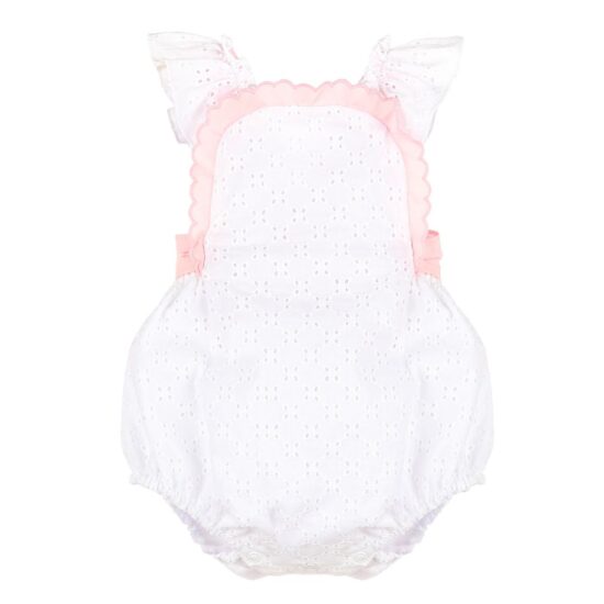 Sophie and Lucas Embroidered Romper with Pink Ruffles