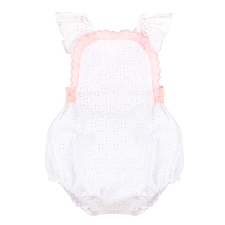 Sophie and Lucas Embroidered Romper with Pink Ruffles