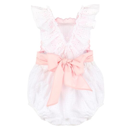 Sophie and Lucas Embroidered Romper with Pink Ruffles