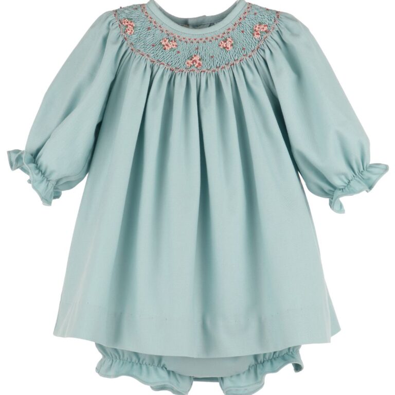 Aqua green dress with smock embroidery – Luli & Me