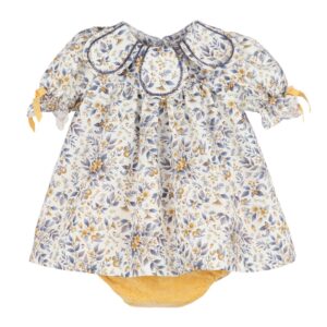 Floral dress in blue and mustard tones – Sophie & Lucas