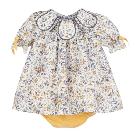 Floral dress in blue and mustard tones – Sophie & Lucas