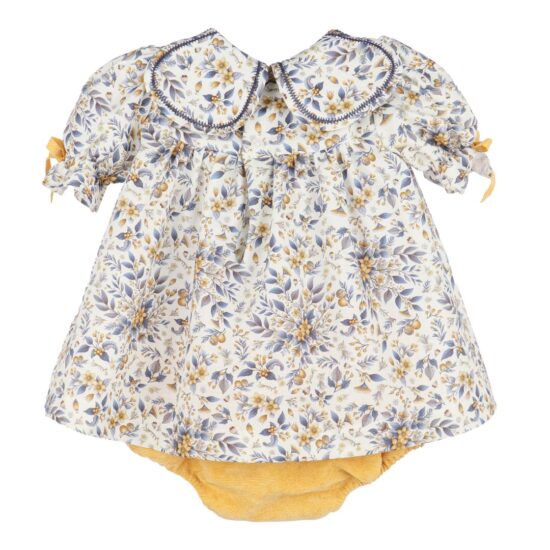 Floral dress in blue and mustard tones – Sophie & Lucas