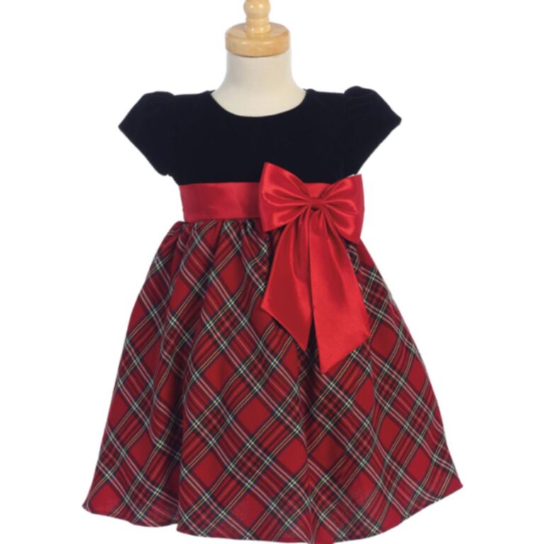 Black Velvet and Red Tartan Dress with Satin Bow for Girls