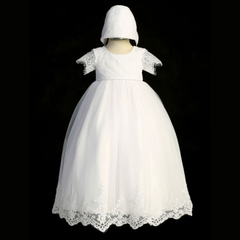 Classic Christening Gown with Lace Bodice and Cap