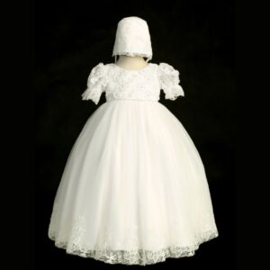 Long Christening Dress with Lace and Hat
