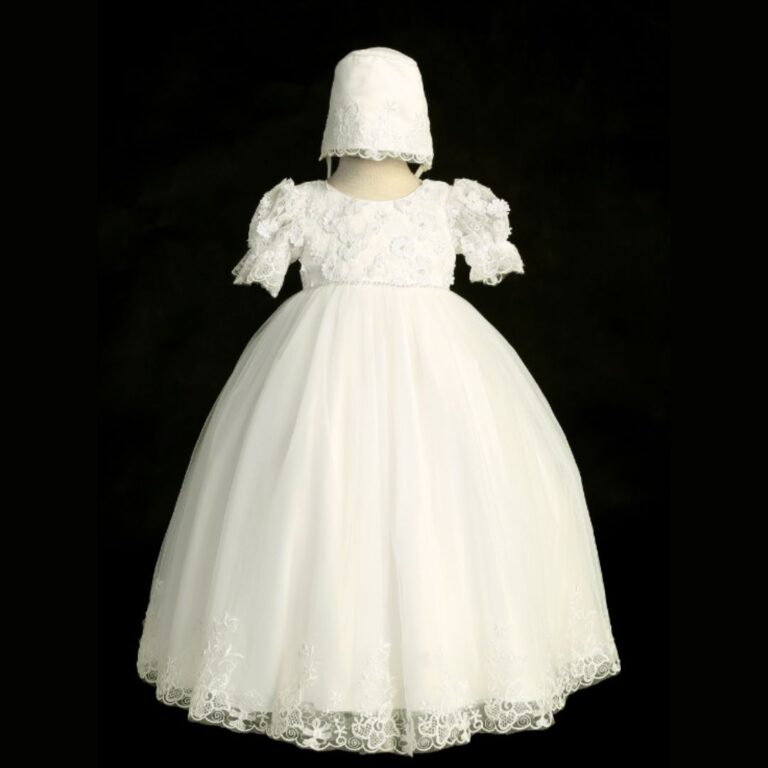Long Christening Dress with Lace and Hat