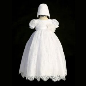 Long White Christening Gown with Lace and Satin Flower
