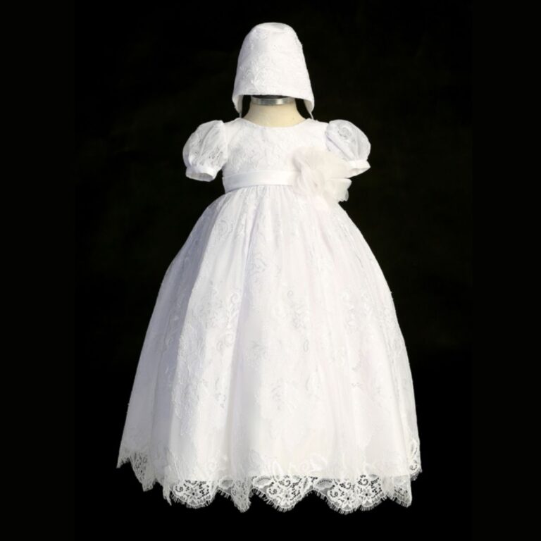 Long White Christening Gown with Lace and Satin Flower