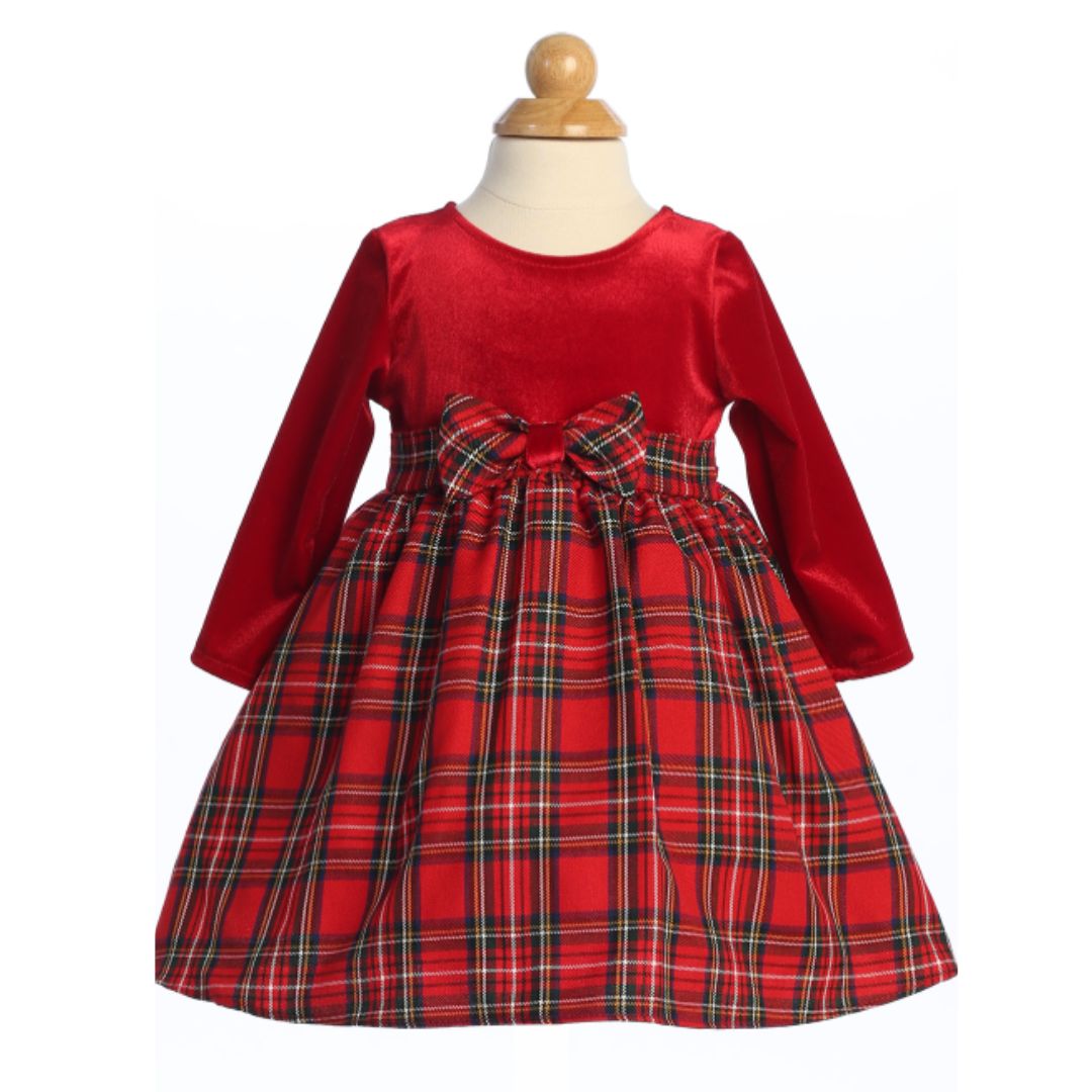 Long-sleeved red velvet dress and tartan skirt with bow