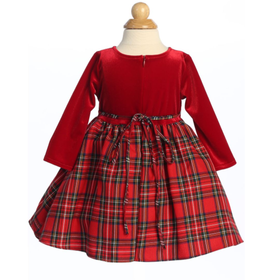 Long-sleeved red velvet dress and tartan skirt with bow