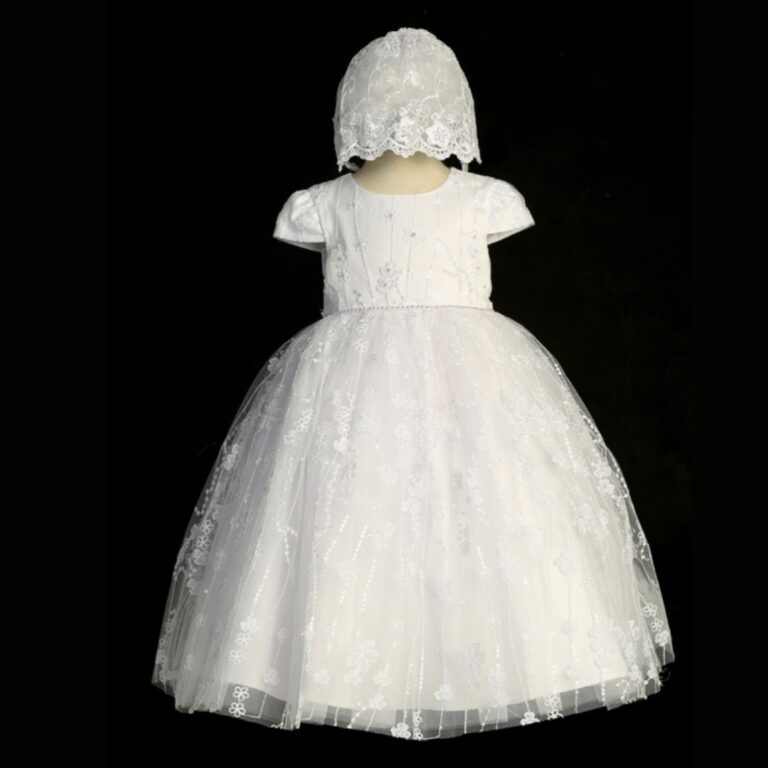 White Christening Dress with Floral Embroidery and Hat