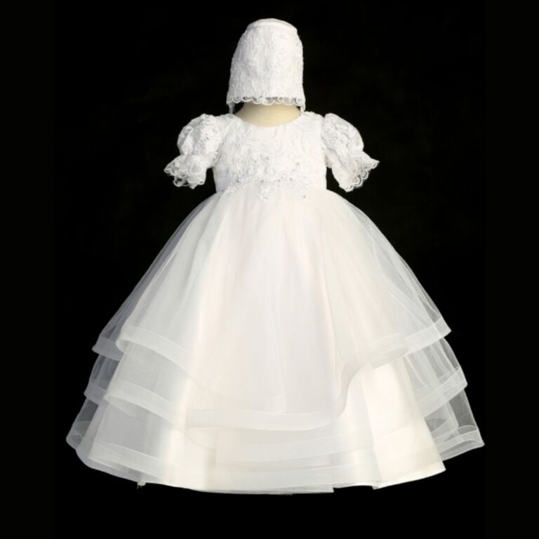 White Lace Christening Dress with Layered Tulle Skirt