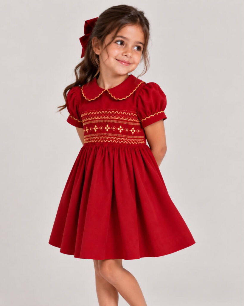 Ruby Belle – Red & Gold Smocked Dress